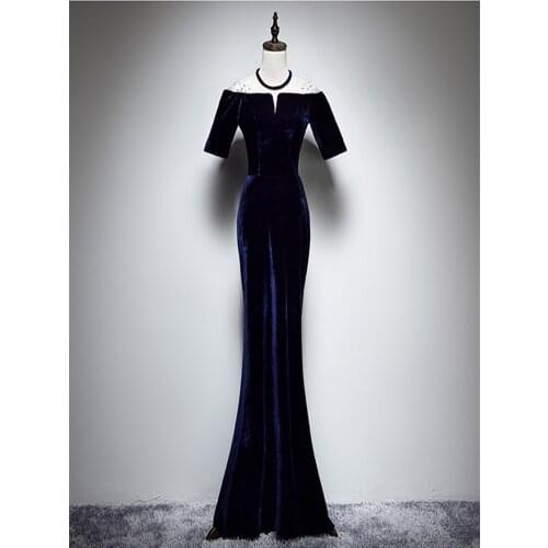Robe Longue Evening Dresses Long Dress Elegant O-neck Navy Blue Velvet With Crystal Evening Dress 2020 Vestidos Robe De Soiree