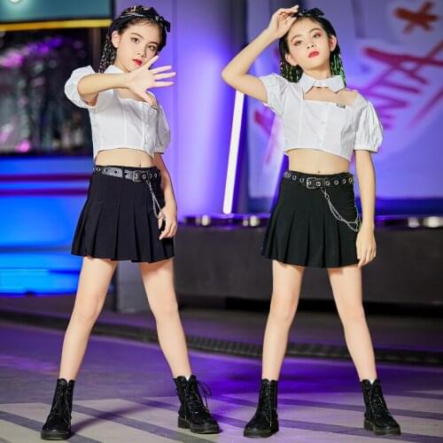 Modern Street Dance Costume Kids White Short Sleeve Tops Black Skirt Kids Hip-Hop Jazz Dance Stage Performance Clothes DWY5704