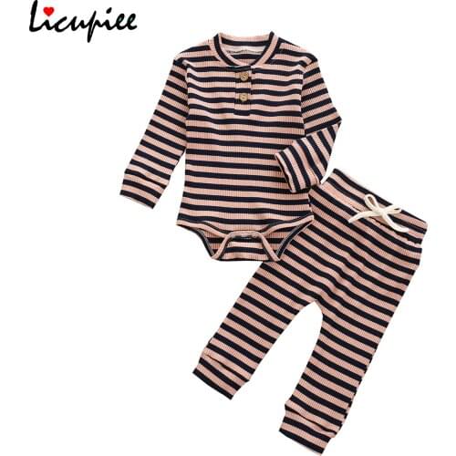 Toddler Baby Girl Boy 2pcs Outfit, Crew Neck Button Long Sleeve Romper and Drawstring Pants, Color Matching 0-24 Months