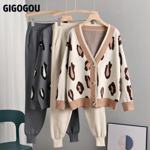 GIGOGOU Luxury Leopard Womens Tracksuits Knitted Harem Pants Suits Vintage Open Cardigan Sweaters 2 Pieces Clothing Sets Outfit