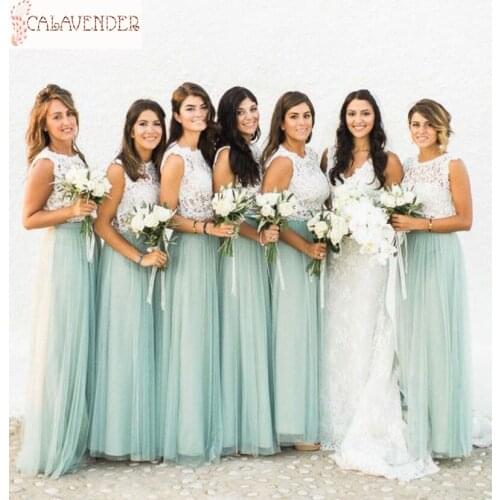 Lace Tulle Two Piece Bridesmaid Dresses A-line White Sage Maid of Honor Dresses vestido corto elegante