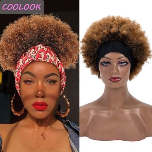 Honey Brown Short Afro Kinky Curly Headband Wig Natural Synthetic Kinky Curly Turban Wigs for Black Women Fluffy Curly Scarf Wig