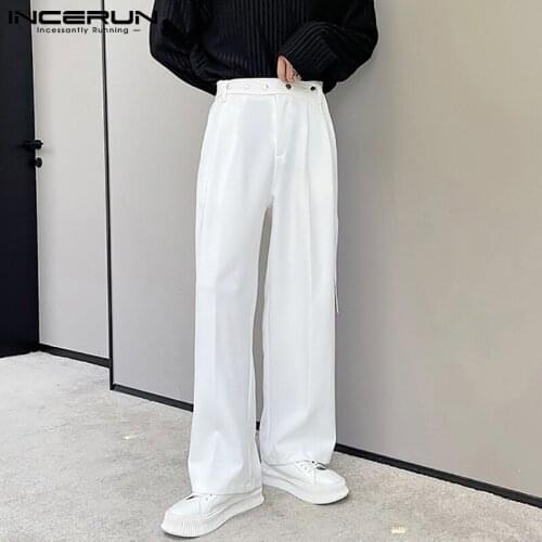 INCERUN Mens Fashion Solid Color Pantalones Hot Sale Fall Straight Pants Streamer Design Casual Streetwear Trousers S-5XL 2021