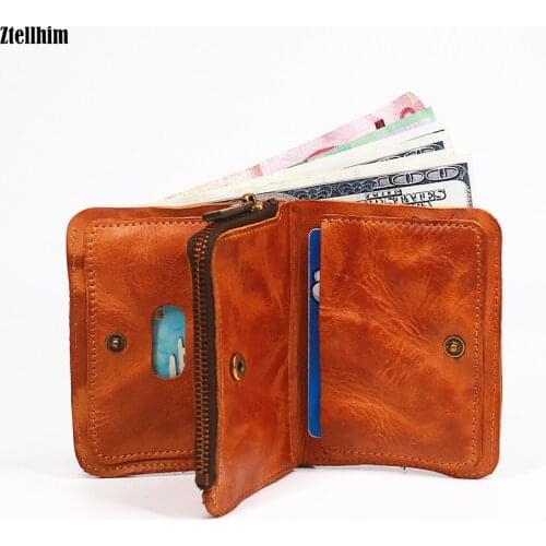 Genuine Leather Wallet Men Cowhide Brand Mens Vintage Short Small Wallets Purse Card ID Holder For Male With Zipper Coin Pocket