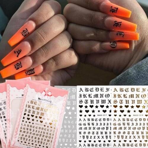 1 Sheet Letter Nail Art Sticker Decals Gold Letters Black Words Character DIY Nails Adhesive Stickers Decal 3D Nail Decoration