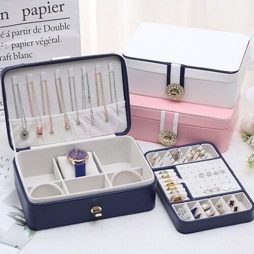 New Large Two Layer Jewelry Organizer Box with 56 Stud Jacks Smooth Leather Jewelry Storage Case Display Holder with Lock