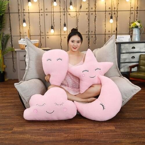 Plush Sky Pillows Sleeping Smile Cloud Star Water Drop Moon Cushion Room Cot Decor Nature Pillow White Pink Grey