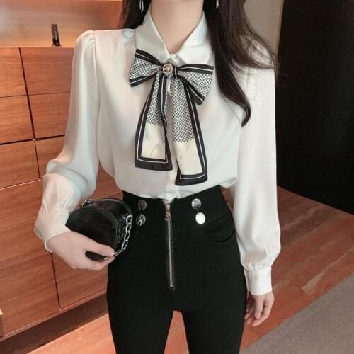 Long sleeve Bow Tie Blouses Shirt Vintage Blouse Women White Lady Spring 2021 New Female Loose clothes Women Tops 696B