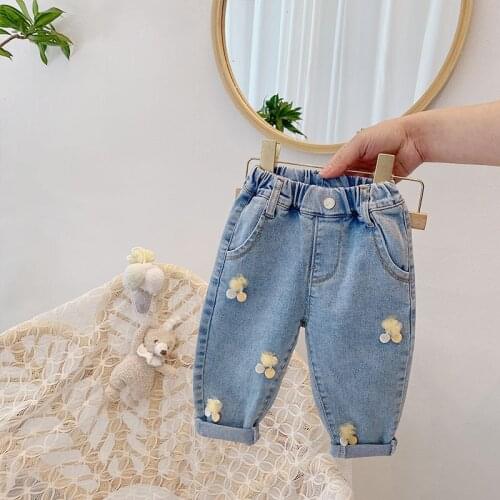 Cute Children Jeans Pants 2021 Spring Children Kids Cherry Denim Jeans Fashion Pants Full Length Princess Girls Trousers 2-7T