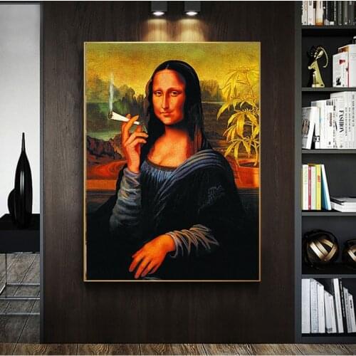 Funny Art Mona Lisa Drink and Smoking Canva Posters Wall Art Pictures Da Vinci Famous Paintings Wall Art Picture Home Decoration