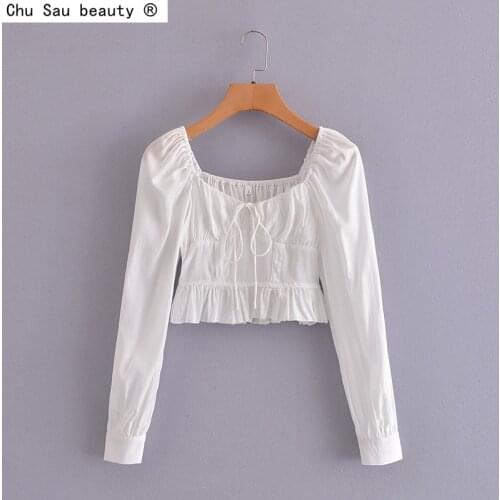 2021 Summer New French Style Square Collar Lace-Up Ruffle Patchwork Long Sleeve Blouse Women Solid Color Crop Top