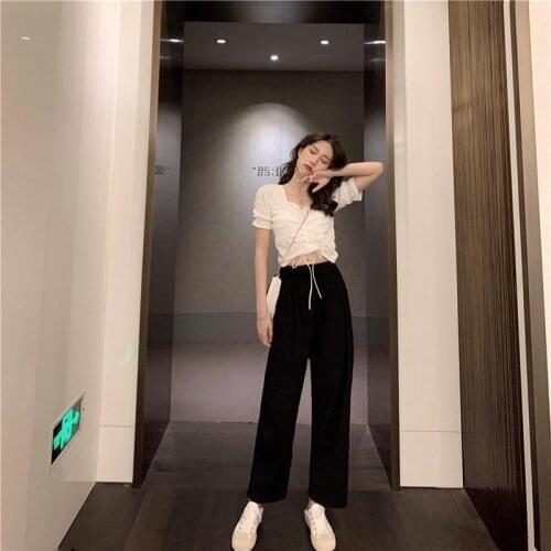 2020 Summer New Suit White Drawstring Short Sleeve + Black Wide-leg Pants Fashion Two-piece Female