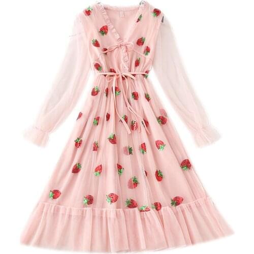 Pink Mesh Dress Women Lace Kawaii Strawberry Sequin Casual Long Sleeve Vintage Elegant Fairy Party Black Bandage Midi Dresses