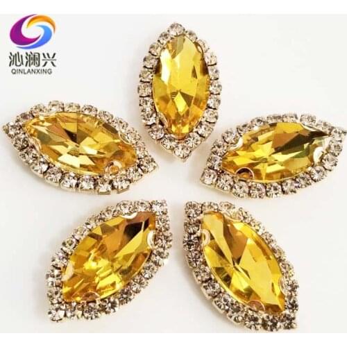 Gold bottom Golden yellow Top grade Glass Crystal buckle, eye shape sew on rhinestones with holes,Diy/jewelry accessories