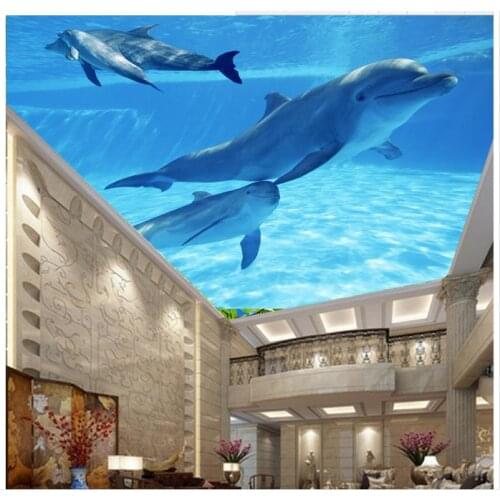 3D wallpaper custom 3d ceiling wallpaper murals Blue sea dolphins hung ceilings decoration background wall paper for living room