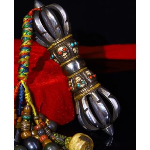 8" Tibet Buddhism Old Tiantie mosaic Gem Skull Dorje Vajra Phurpa Dharma Pendant Town House Exorcism Ward off evil spirits