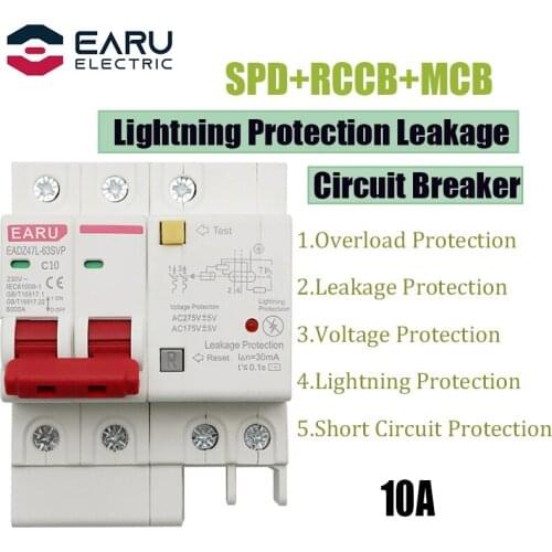 10A 2P SPD Residual Current Circuit Breaker With Overload Overvoltage RCBO RCCB With Lightning Protection MCB Leakage Protector