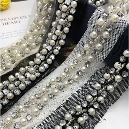 Free Shipping 3cm/3.5cm Fake Pearl Beaded Lace Trim Mesh Fabric Paillette Lace Beaded Trim Braid Lace Applique 2yards