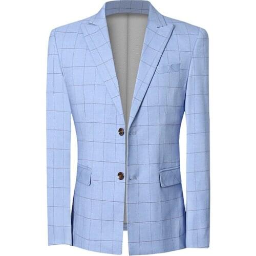 Blazers Check Slim Men Fit Office Work Plaid Suit Jacket Wedding Groom Formal Casual Business Party Prom Sky Blue Light Yellow