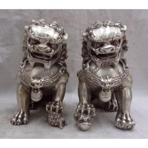 Decoration bronze factory outlets Tibet Silver FengShui Chinese Silver Wealth Animals Foo Fu Dog Lion Ball Brass Statue Pair