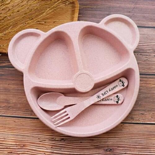 Cubs Childrens Dinner Set Wheat Straw Creative Tableware Baby Dish Tray Breakfast Tray Addition Fork and Spoon