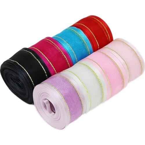 5 meters/lot) 25mm White broadside gold edge organza ribbon wholesale gift wrapping decoration ribbons lace fabric wholesale