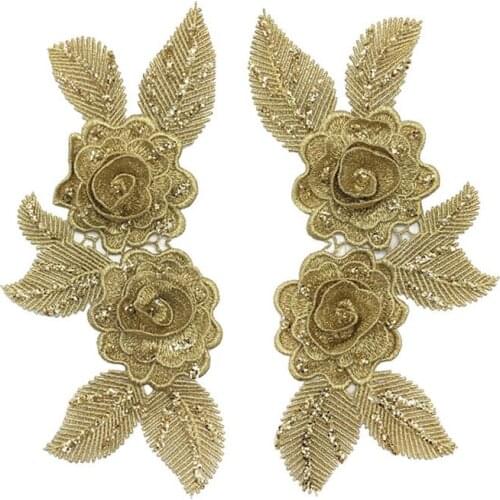 Fashion 2pcs/set golden flower embroidery Patches for clothes Retro vintage iron on patches floral appliques for clothing