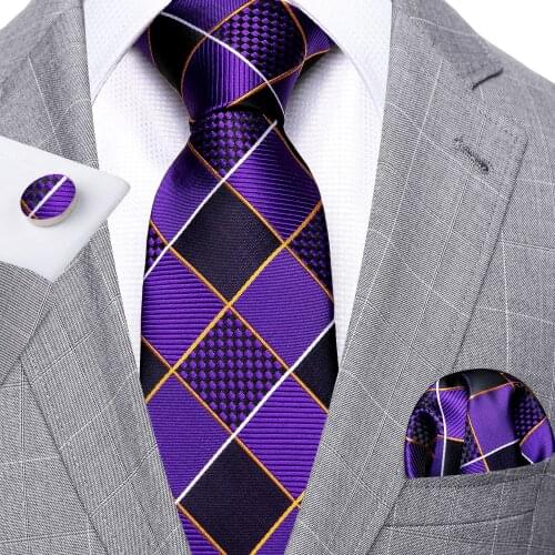 Fashion Purple Plaid Men Tie Set 8.5cm Silk Jacquard Neckties Wedding Business Handkerchief Cufflink Tie Barry.Wang FA-5287