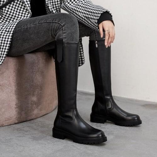 2021 New Round Toe Knee High Boots Autumn Winter Chunky Heels Shoes Woman Heels Genuine Leather Party Basic Tight High Boots