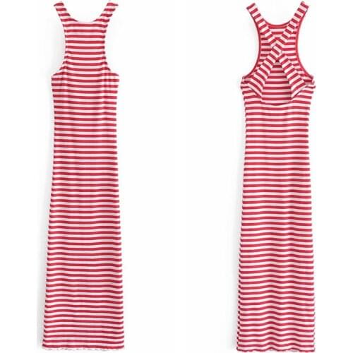 2021 summer new European and American fashion sexy backless striped slim sleeveless mid-length dress female DLQZ1133