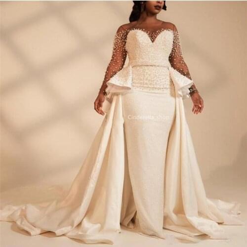 Long Sleeves Plus Size Mermaid Wedding Dresses With Overskirt Pearls Beaded Illusion African 2020 Bridal Gowns Customized Vestid