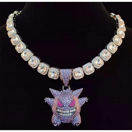 Iced Out Ghost Pendant With Big Square AAA Zircon Tennis Chain Chokers Luxury Hip Hop Anime Jewelry For Game Boy Gift