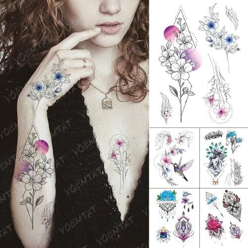 Waterproof Temporary Tattoo Sticker Line Flowers Hummingbird Horse Flash Tattoos Henna Mandala Body Art Arm Fake Tatoo Women Men