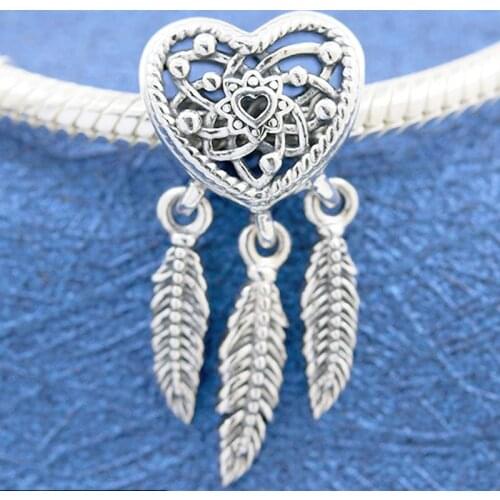 Original Openwork Heart & Three Feathers Dreamcatcher Pendant Beads Fit 925 Sterling Silver Charm Bracelet Bangle Diy Jewelry