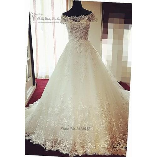 Vestido de Noiva Praia Luxury Wedding Gowns Lace Princess Bridal Dresses Long Train Scoop Beaded Robe de Mariee 2016