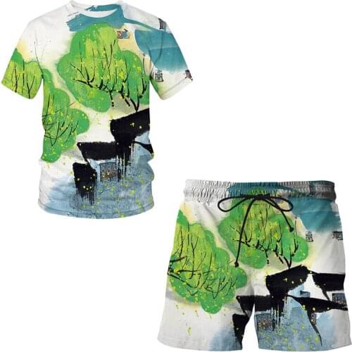 Chinese brush painting 3D Printed Sweat Suit 2 Piece Set Short Sleeve T Shirt + Beach Shorts Casual Tracksuit Matching Outfits