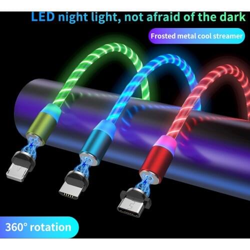 TKEY 2.4A Streamer LED Magnetic Mobile Phone Charging Cable 1M/2M For iPhone Micro USB Type-c Flowing Light Magnet Charge Wire