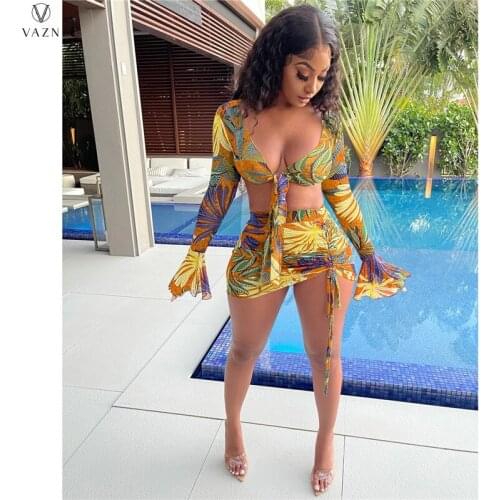 VAZN 2021 Hot Sale Print V-neck Bikini Boho Summer Full Sleeve Top Tube Shorts 2PCs Set Beach Clothing Ladies Women Suits