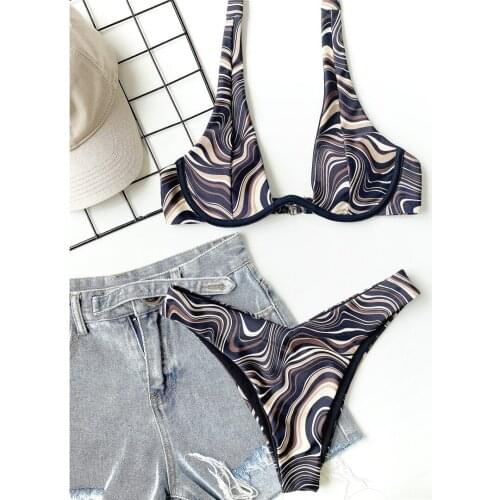 Waves Printed V-Bra Underwired Halter Bikini Women Swimwear Female Swimsuit Two-pieces Bikini set Bather Bathing Suit Swim K3092