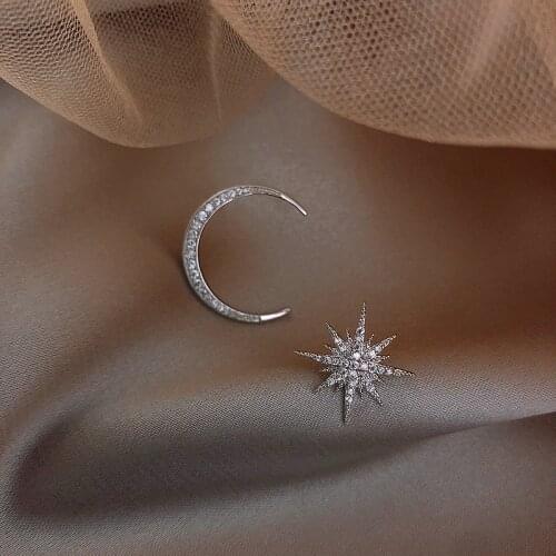 2020 Korea Hot Sale Fashion Jewelry Personality Asymmetry Star Moon Earrings Shiny Crystal Ball Party Earrings for women