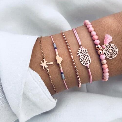 Bohemian Female Bracelets Heart Shaped Coconut Tree Fruit Pineapple Leather Braided Tassel Pendant Bracelet Beach Party Jewelry