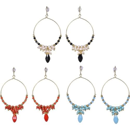 Bohemia metal Ear Rings woman Big Hollow Round Circle Natural Freshwater Pearl Blue Turquoise Red Coral Stone Pendant Earrings