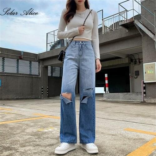 Free Shipping 2021 Summer Womens New Wide-Leg Gradient Color Ripped Jeans High Waist Straight Loose Net Red Mopping Pants