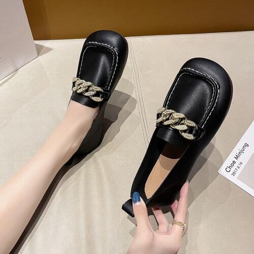 Gold Chain Flat Shoes 2021 New Spring Autumn Women Casual Shoes Girls Sweet Square Toe Soft Bottom Non-slip Shoes Loafer Shoes