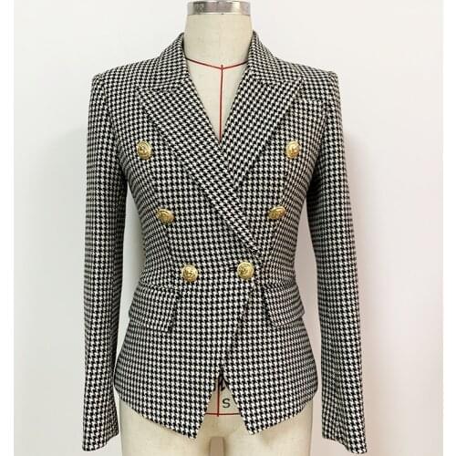 EXCELLENT QUALITY Newest 2021 Designer Jacket Womens Lion Buttons Double Breasted Tweed Houndstooth Blazer