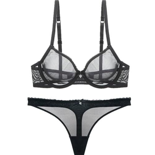 Women intimates adjustable shoulder strap Ultra thin transparent plus size sexy breathable mesh lace bra suit T pants