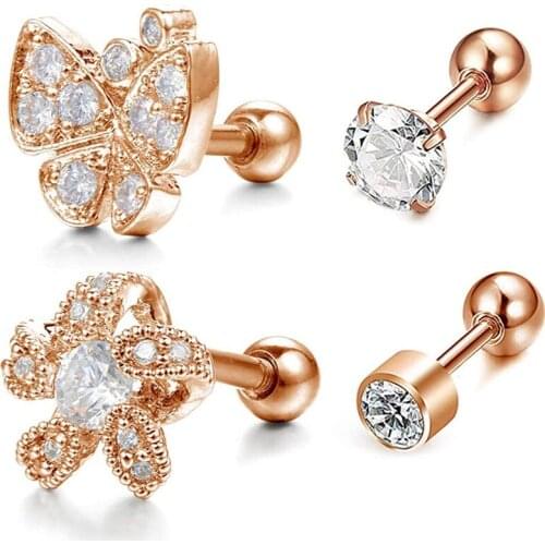 4Pcs 316L Surgical Steel 16G Butterfly Flower Cartilage Earring Studs for Womens Girl Forward Helix Tragus Daith Studs