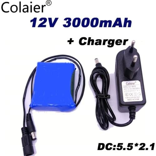 Colaier Dii-12V3000 DC 12V 3000mAh 18650 Li-lon DC12V Super Rechargeable Battery + AC Charger + explosion-proof switch EU