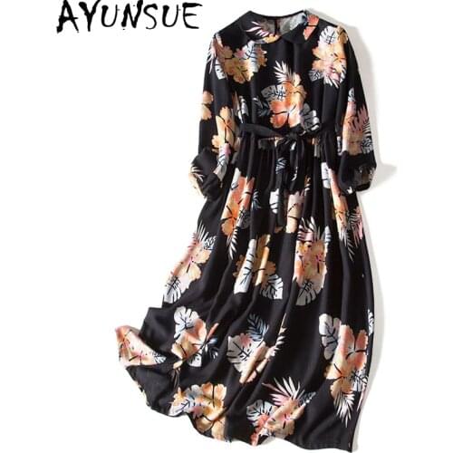 AYUNSUE Floral Spring Dress 2021 New Long Silk Floral Dress Elegant Harajuku Dresses for Women Korean Fashion Vestidos KJ7070