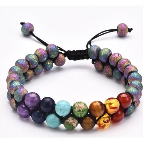 Seven Chakras Double Braided Hand String Bracelet Colorful Lava Stone Howlite Kallaite Beaded Adjustable Wristband Women Jewelry